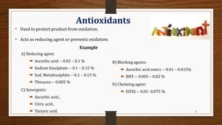 23
Antioxidants
• Used to protect product from oxidation.
• Acts as reducing agent or prevents oxidation.
A) Reducing agent:
 Ascorbic acid -- 0.02 – 0.1 %
 Sodium bisulphate -- 0.1 – 0.15 %
 Sod. Metabisulphite -- 0.1 – 0.15 %
 Thiourea -- 0.005 %
C) Synergistic:
 Ascorbic acid ,
 Citric acid ,
 Tartaric acid.
B) Blocking agents:
 Ascorbic acid esters -- 0.01 – 0.015%
 BHT -- 0.005 – 0.02 %
D) Chelating agent:
 EDTA -- 0.01- 0.075 %
Example
 
