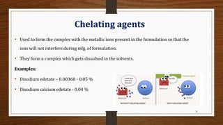 26
Chelating agents
• Used to form the complex with the metallic ions present in the formulation so that the
ions will not interfere during mfg. of formulation.
• They form a complex which gets dissolved in the solvents.
Examples:
• Disodium edetate – 0.00368 - 0.05 %
• Disodium calcium edetate - 0.04 %
 