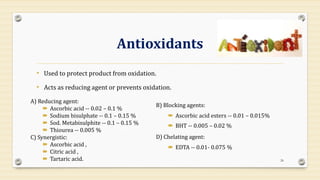 Antioxidants
• Used to protect product from oxidation.
• Acts as reducing agent or prevents oxidation.
26
A) Reducing agent:
 Ascorbic acid -- 0.02 – 0.1 %
 Sodium bisulphate -- 0.1 – 0.15 %
 Sod. Metabisulphite -- 0.1 – 0.15 %
 Thiourea -- 0.005 %
C) Synergistic:
 Ascorbic acid ,
 Citric acid ,
 Tartaric acid.
B) Blocking agents:
 Ascorbic acid esters -- 0.01 – 0.015%
 BHT -- 0.005 – 0.02 %
D) Chelating agent:
 EDTA -- 0.01- 0.075 %
 