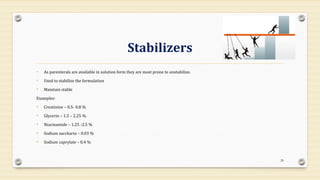 Stabilizers
• As parenterals are available in solution form they are most prone to unstabilize.
• Used to stabilize the formulation
• Maintain stable
Examples:
• Creatinine – 0.5- 0.8 %
• Glycerin – 1.5 – 2.25 %
• Niacinamide – 1.25 -2.5 %
• Sodium saccharin – 0.03 %
• Sodium caprylate – 0.4 %
28
 