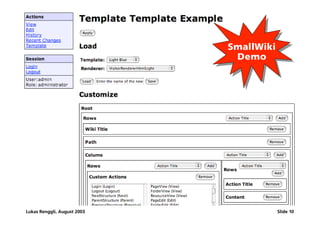 [Template Example]
                                       SmallWiki
                                          SmallWiki
                                           Demo
                                           Demo




Lukas Renggli, August 2003                         Slide 10
 