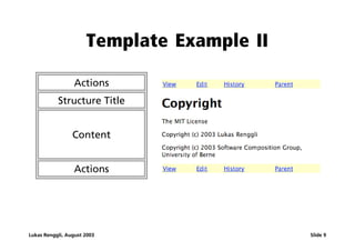 Template Example II

                 Actions
           Structure Title


                 Content


                 Actions




Lukas Renggli, August 2003                  Slide 9
 