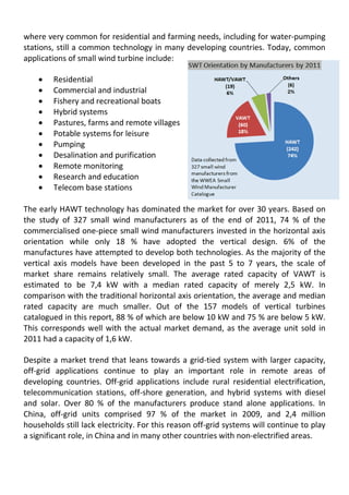where very common for residential and farming needs, including for water-pumping
stations, still a common technology in many developing countries. Today, common
applications of small wind turbine include:
• Residential
• Commercial and industrial
• Fishery and recreational boats
• Hybrid systems
• Pastures, farms and remote villages
• Potable systems for leisure
• Pumping
• Desalination and purification
• Remote monitoring
• Research and education
• Telecom base stations
The early HAWT technology has dominated the market for over 30 years. Based on
the study of 327 small wind manufacturers as of the end of 2011, 74 % of the
commercialised one-piece small wind manufacturers invested in the horizontal axis
orientation while only 18 % have adopted the vertical design. 6% of the
manufactures have attempted to develop both technologies. As the majority of the
vertical axis models have been developed in the past 5 to 7 years, the scale of
market share remains relatively small. The average rated capacity of VAWT is
estimated to be 7,4 kW with a median rated capacity of merely 2,5 kW. In
comparison with the traditional horizontal axis orientation, the average and median
rated capacity are much smaller. Out of the 157 models of vertical turbines
catalogued in this report, 88 % of which are below 10 kW and 75 % are below 5 kW.
This corresponds well with the actual market demand, as the average unit sold in
2011 had a capacity of 1,6 kW.
Despite a market trend that leans towards a grid-tied system with larger capacity,
off-grid applications continue to play an important role in remote areas of
developing countries. Off-grid applications include rural residential electrification,
telecommunication stations, off-shore generation, and hybrid systems with diesel
and solar. Over 80 % of the manufacturers produce stand alone applications. In
China, off-grid units comprised 97 % of the market in 2009, and 2,4 million
households still lack electricity. For this reason off-grid systems will continue to play
a significant role, in China and in many other countries with non-electrified areas.
 
