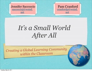 Jennifer Saccoccio        Pam Cranford
                        saccoccioj@woisd.   cranfordp@woisd.
                               net                 net




                            It’s a Small World
                                  After All

         Creating a Glob al Learning Community
                  within the Classroom



Tuesday, May 24, 2011
 