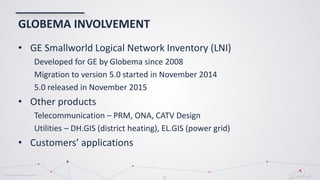 © Globema2016. All rights reserved.
12
GLOBEMA INVOLVEMENT
• GE Smallworld Logical Network Inventory (LNI)
Developed for GE by Globema since 2008
Migration to version 5.0 started in November 2014
5.0 released in November 2015
• Other products
Telecommunication – PRM, ONA, CATV Design
Utilities – DH.GIS (district heating), EL.GIS (power grid)
• Customers’ applications
 
