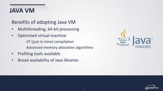 © Globema2016. All rights reserved.
8
JAVA VM
Benefits of adopting Java VM
• Multithreading, 64-bit processing
• Optimized virtual machine
JIT (just-in-time) compilation
Advanced memory allocation algorithms
• Profiling tools available
• Broad availability of Java libraries
 