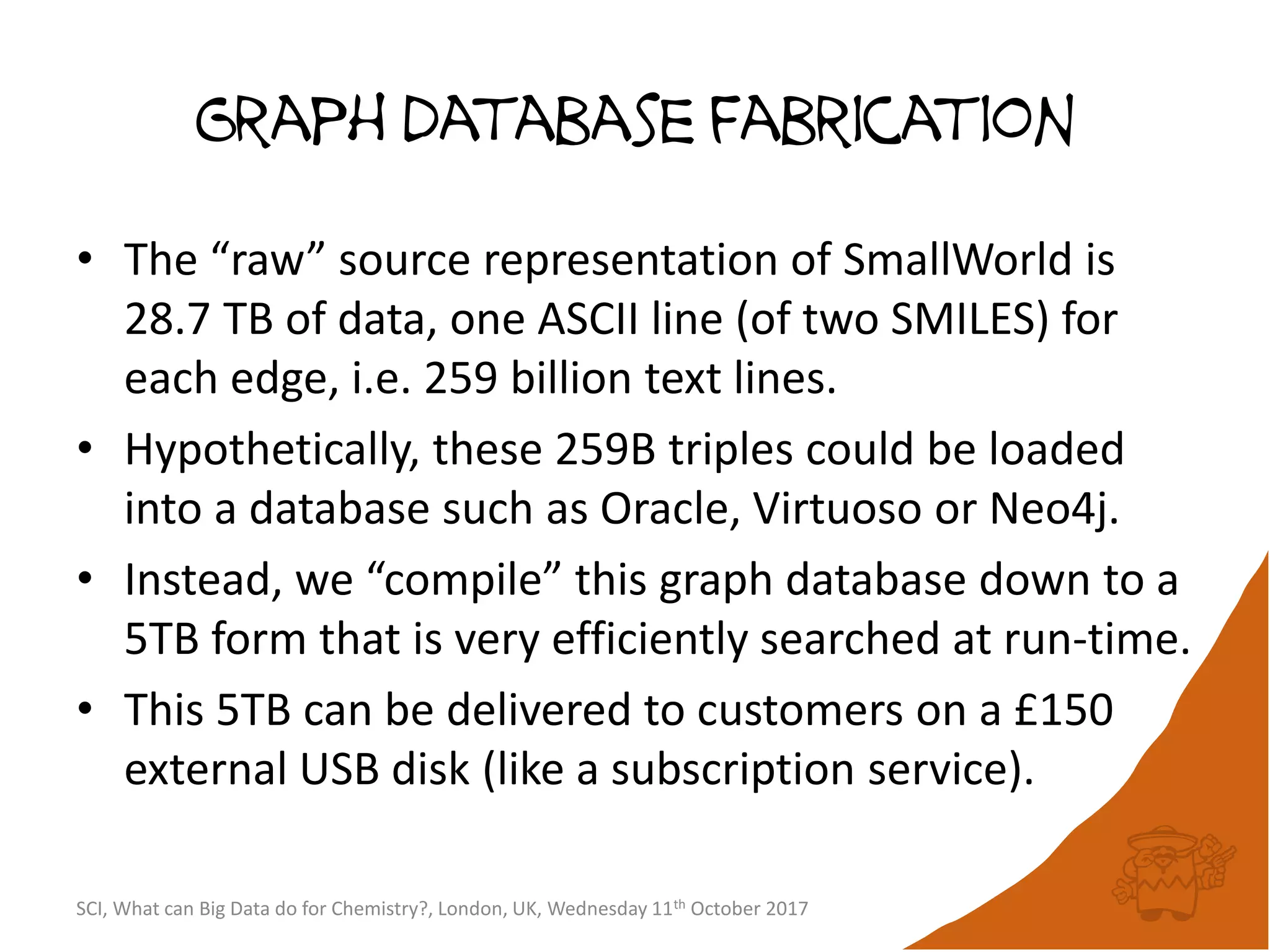 Graph database fabrication
• The “raw” source representation of SmallWorld is
28.7 TB of data, one ASCII line (of two SMILES) for
each edge, i.e. 259 billion text lines.
• Hypothetically, these 259B triples could be loaded
into a database such as Oracle, Virtuoso or Neo4j.
• Instead, we “compile” this graph database down to a
5TB form that is very efficiently searched at run-time.
• This 5TB can be delivered to customers on a £150
external USB disk (like a subscription service).
SCI, What can Big Data do for Chemistry?, London, UK, Wednesday 11th October 2017
 