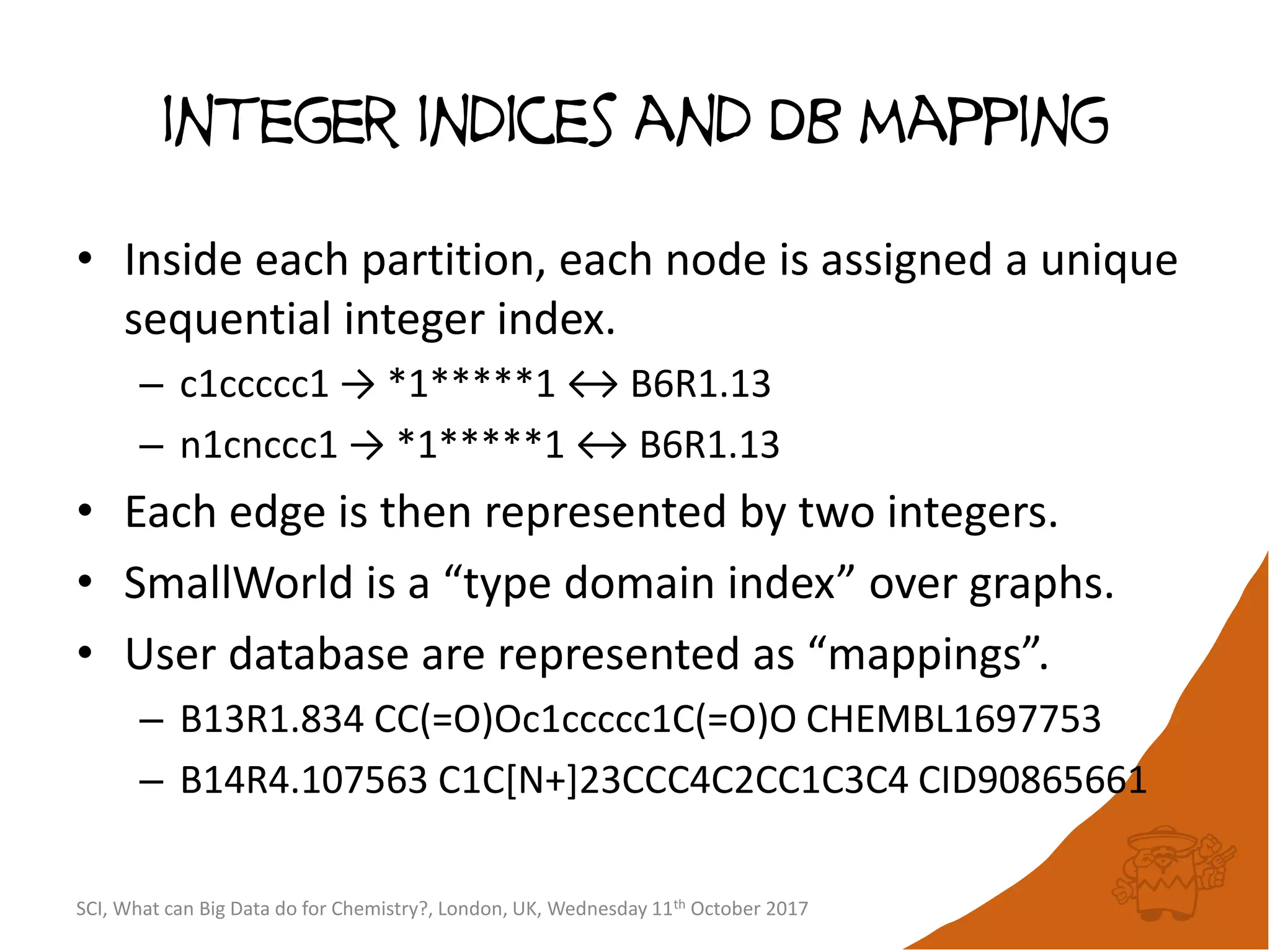 integer indices and DB mapping
• Inside each partition, each node is assigned a unique
sequential integer index.
– c1ccccc1 → *1*****1 ↔ B6R1.13
– n1cnccc1 → *1*****1 ↔ B6R1.13
• Each edge is then represented by two integers.
• SmallWorld is a “type domain index” over graphs.
• User database are represented as “mappings”.
– B13R1.834 CC(=O)Oc1ccccc1C(=O)O CHEMBL1697753
– B14R4.107563 C1C[N+]23CCC4C2CC1C3C4 CID90865661
SCI, What can Big Data do for Chemistry?, London, UK, Wednesday 11th October 2017
 