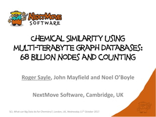 Chemical Similarity using
multi-terabyte graph databases:
68 billion nodes and counting
Roger Sayle, John Mayfield and Noel O’Boyle
NextMove Software, Cambridge, UK
SCI, What can Big Data do for Chemistry?, London, UK, Wednesday 11th October 2017
 