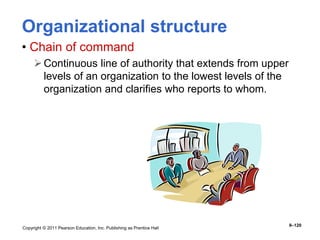 Copyright © 2011 Pearson Education, Inc. Publishing as Prentice Hall
9–120
Organizational structure
• Chain of command
Continuous line of authority that extends from upper
levels of an organization to the lowest levels of the
organization and clarifies who reports to whom.
 