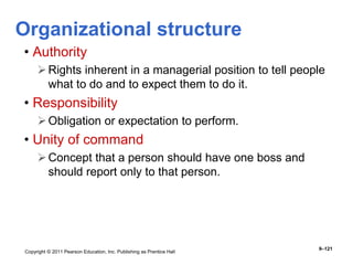 Copyright © 2011 Pearson Education, Inc. Publishing as Prentice Hall
9–121
Organizational structure
• Authority
Rights inherent in a managerial position to tell people
what to do and to expect them to do it.
• Responsibility
Obligation or expectation to perform.
• Unity of command
Concept that a person should have one boss and
should report only to that person.
 