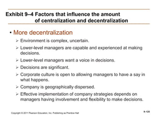 Copyright © 2011 Pearson Education, Inc. Publishing as Prentice Hall
9–125
Exhibit 9–4 Factors that influence the amount
of centralization and decentralization
• More decentralization
 Environment is complex, uncertain.
 Lower-level managers are capable and experienced at making
decisions.
 Lower-level managers want a voice in decisions.
 Decisions are significant.
 Corporate culture is open to allowing managers to have a say in
what happens.
 Company is geographically dispersed.
 Effective implementation of company strategies depends on
managers having involvement and flexibility to make decisions.
 