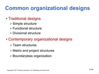 Copyright © 2011 Pearson Education, Inc. Publishing as Prentice Hall
9–133
Common organizational designs
• Traditional designs
Simple structure
Functional structure
Divisional structure
• Contemporary organizational designs
Team structures
Matrix and project structures
Boundaryless organization
 