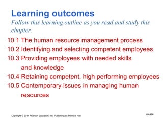 Copyright © 2011 Pearson Education, Inc. Publishing as Prentice Hall
10–138
Learning outcomes
Follow this learning outline as you read and study this
chapter.
10.1 The human resource management process
10.2 Identifying and selecting competent employees
10.3 Providing employees with needed skills
and knowledge
10.4 Retaining competent, high performing employees
10.5 Contemporary issues in managing human
resources
 