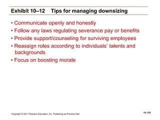 Copyright © 2011 Pearson Education, Inc. Publishing as Prentice Hall
10–152
Exhibit 10–12 Tips for managing downsizing
• Communicate openly and honestly
• Follow any laws regulating severance pay or benefits
• Provide support/counseling for surviving employees
• Reassign roles according to individuals’ talents and
backgrounds
• Focus on boosting morale
 