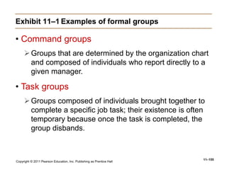 Copyright © 2011 Pearson Education, Inc. Publishing as Prentice Hall
11–155
Exhibit 11–1 Examples of formal groups
• Command groups
Groups that are determined by the organization chart
and composed of individuals who report directly to a
given manager.
• Task groups
Groups composed of individuals brought together to
complete a specific job task; their existence is often
temporary because once the task is completed, the
group disbands.
 