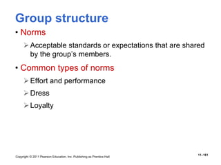 Copyright © 2011 Pearson Education, Inc. Publishing as Prentice Hall
11–161
Group structure
• Norms
Acceptable standards or expectations that are shared
by the group’s members.
• Common types of norms
Effort and performance
Dress
Loyalty
 