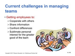 Copyright © 2011 Pearson Education, Inc. Publishing as Prentice Hall
11–176
Current challenges in managing
teams
• Getting employees to:
Cooperate with others
Share information
Confront differences
Sublimate personal
interest for the greater
good of the team
 