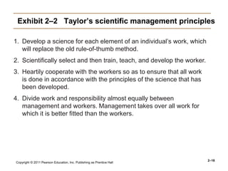 Copyright © 2011 Pearson Education, Inc. Publishing as Prentice Hall
2–18
Exhibit 2–2 Taylor’s scientific management principles
1. Develop a science for each element of an individual’s work, which
will replace the old rule-of-thumb method.
2. Scientifically select and then train, teach, and develop the worker.
3. Heartily cooperate with the workers so as to ensure that all work
is done in accordance with the principles of the science that has
been developed.
4. Divide work and responsibility almost equally between
management and workers. Management takes over all work for
which it is better fitted than the workers.
 