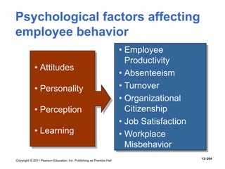 Copyright © 2011 Pearson Education, Inc. Publishing as Prentice Hall
13–204
Psychological factors affecting
employee behavior
• Attitudes
• Personality
• Perception
• Learning
• Employee
Productivity
• Absenteeism
• Turnover
• Organizational
Citizenship
• Job Satisfaction
• Workplace
Misbehavior
 