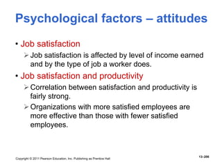 Copyright © 2011 Pearson Education, Inc. Publishing as Prentice Hall
13–206
• Job satisfaction
Job satisfaction is affected by level of income earned
and by the type of job a worker does.
• Job satisfaction and productivity
Correlation between satisfaction and productivity is
fairly strong.
Organizations with more satisfied employees are
more effective than those with fewer satisfied
employees.
Psychological factors – attitudes
 