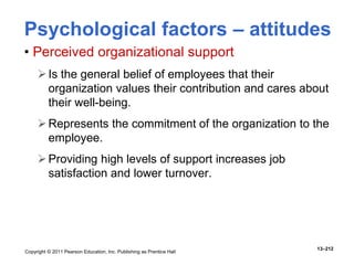 Copyright © 2011 Pearson Education, Inc. Publishing as Prentice Hall
13–212
• Perceived organizational support
Is the general belief of employees that their
organization values their contribution and cares about
their well-being.
Represents the commitment of the organization to the
employee.
Providing high levels of support increases job
satisfaction and lower turnover.
Psychological factors – attitudes
 