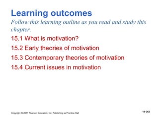 Copyright © 2011 Pearson Education, Inc. Publishing as Prentice Hall
15–262
Learning outcomes
Follow this learning outline as you read and study this
chapter.
15.1 What is motivation?
15.2 Early theories of motivation
15.3 Contemporary theories of motivation
15.4 Current issues in motivation
 