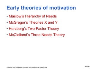 Copyright © 2011 Pearson Education, Inc. Publishing as Prentice Hall
15–263
Early theories of motivation
• Maslow’s Hierarchy of Needs
• McGregor’s Theories X and Y
• Herzberg’s Two-Factor Theory
• McClelland’s Three Needs Theory
 