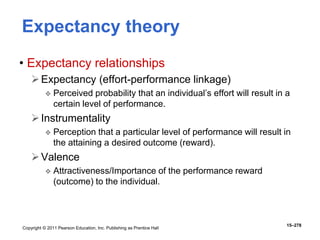 Copyright © 2011 Pearson Education, Inc. Publishing as Prentice Hall
15–278
Expectancy theory
• Expectancy relationships
Expectancy (effort-performance linkage)
 Perceived probability that an individual’s effort will result in a
certain level of performance.
Instrumentality
 Perception that a particular level of performance will result in
the attaining a desired outcome (reward).
Valence
 Attractiveness/Importance of the performance reward
(outcome) to the individual.
 