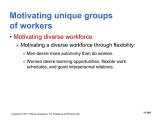 Copyright © 2011 Pearson Education, Inc. Publishing as Prentice Hall
15–280
• Motivating diverse workforce
Motivating a diverse workforce through flexibility:
 Men desire more autonomy than do women.
 Women desire learning opportunities, flexible work
schedules, and good interpersonal relations.
Motivating unique groups
of workers
 