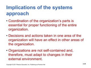 Copyright © 2011 Pearson Education, Inc. Publishing as Prentice Hall
2–29
Implications of the systems
approach
• Coordination of the organization’s parts is
essential for proper functioning of the entire
organization.
• Decisions and actions taken in one area of the
organization will have an effect in other areas of
the organization.
• Organizations are not self-contained and,
therefore, must adapt to changes in their
external environment.
 