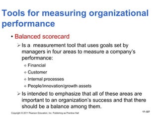 Copyright © 2011 Pearson Education, Inc. Publishing as Prentice Hall
17–327
Tools for measuring organizational
performance
• Balanced scorecard
Is a measurement tool that uses goals set by
managers in four areas to measure a company’s
performance:
 Financial
 Customer
 Internal processes
 People/innovation/growth assets
Is intended to emphasize that all of these areas are
important to an organization’s success and that there
should be a balance among them.
 