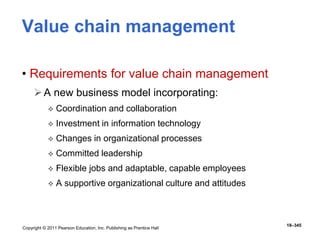 Copyright © 2011 Pearson Education, Inc. Publishing as Prentice Hall
18–345
Value chain management
• Requirements for value chain management
A new business model incorporating:
 Coordination and collaboration
 Investment in information technology
 Changes in organizational processes
 Committed leadership
 Flexible jobs and adaptable, capable employees
 A supportive organizational culture and attitudes
 