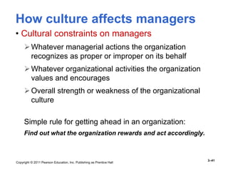 Copyright © 2011 Pearson Education, Inc. Publishing as Prentice Hall
3–41
How culture affects managers
• Cultural constraints on managers
Whatever managerial actions the organization
recognizes as proper or improper on its behalf
Whatever organizational activities the organization
values and encourages
Overall strength or weakness of the organizational
culture
Simple rule for getting ahead in an organization:
Find out what the organization rewards and act accordingly.
 