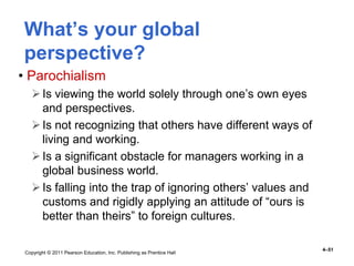 Copyright © 2011 Pearson Education, Inc. Publishing as Prentice Hall
4–51
What’s your global
perspective?
• Parochialism
Is viewing the world solely through one’s own eyes
and perspectives.
Is not recognizing that others have different ways of
living and working.
Is a significant obstacle for managers working in a
global business world.
Is falling into the trap of ignoring others’ values and
customs and rigidly applying an attitude of “ours is
better than theirs” to foreign cultures.
 