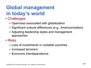 Copyright © 2011 Pearson Education, Inc. Publishing as Prentice Hall
4–57
Global management
in today’s world
• Challenges
Openness associated with globalization
Significant cultural differences (e.g., Americanization)
Adjusting leadership styles and management
approaches
• Risks
Loss of investments in unstable countries
Increased terrorism
Economic interdependence
 