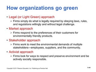 Copyright © 2011 Pearson Education, Inc. Publishing as Prentice Hall
5–64
How organizations go green
• Legal (or Light Green) approach
 Firms simply do what is legally required by obeying laws, rules,
and regulations willingly and without legal challenge.
• Market approach
 Firms respond to the preferences of their customers for
environmentally friendly products.
• Stakeholder approach
 Firms work to meet the environmental demands of multiple
stakeholders—employees, suppliers, and the community.
• Activist approach
 Firms look for ways to respect and preserve environment and be
actively socially responsible.
 