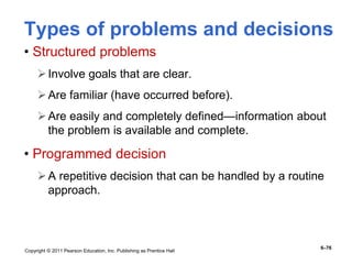 Copyright © 2011 Pearson Education, Inc. Publishing as Prentice Hall
6–76
Types of problems and decisions
• Structured problems
Involve goals that are clear.
Are familiar (have occurred before).
Are easily and completely defined—information about
the problem is available and complete.
• Programmed decision
A repetitive decision that can be handled by a routine
approach.
 