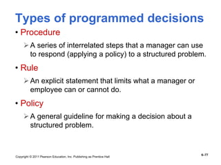 Copyright © 2011 Pearson Education, Inc. Publishing as Prentice Hall
6–77
Types of programmed decisions
• Procedure
A series of interrelated steps that a manager can use
to respond (applying a policy) to a structured problem.
• Rule
An explicit statement that limits what a manager or
employee can or cannot do.
• Policy
A general guideline for making a decision about a
structured problem.
 