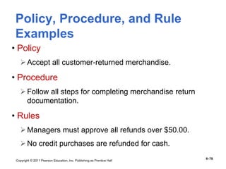 Copyright © 2011 Pearson Education, Inc. Publishing as Prentice Hall
6–78
Policy, Procedure, and Rule
Examples
• Policy
Accept all customer-returned merchandise.
• Procedure
Follow all steps for completing merchandise return
documentation.
• Rules
Managers must approve all refunds over $50.00.
No credit purchases are refunded for cash.
 