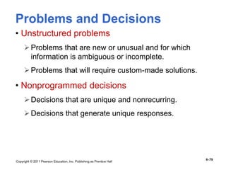 Copyright © 2011 Pearson Education, Inc. Publishing as Prentice Hall
6–79
Problems and Decisions
• Unstructured problems
Problems that are new or unusual and for which
information is ambiguous or incomplete.
Problems that will require custom-made solutions.
• Nonprogrammed decisions
Decisions that are unique and nonrecurring.
Decisions that generate unique responses.
 