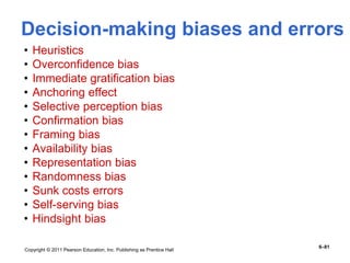 Copyright © 2011 Pearson Education, Inc. Publishing as Prentice Hall
6–81
Decision-making biases and errors
• Heuristics
• Overconfidence bias
• Immediate gratification bias
• Anchoring effect
• Selective perception bias
• Confirmation bias
• Framing bias
• Availability bias
• Representation bias
• Randomness bias
• Sunk costs errors
• Self-serving bias
• Hindsight bias
 