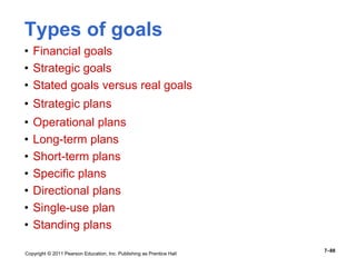 Copyright © 2011 Pearson Education, Inc. Publishing as Prentice Hall
7–88
Types of goals
• Financial goals
• Strategic goals
• Stated goals versus real goals
• Strategic plans
• Operational plans
• Long-term plans
• Short-term plans
• Specific plans
• Directional plans
• Single-use plan
• Standing plans
 