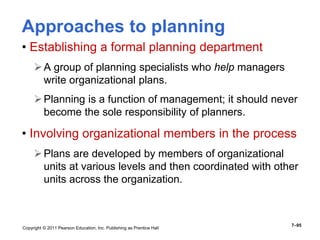 Copyright © 2011 Pearson Education, Inc. Publishing as Prentice Hall
7–95
Approaches to planning
• Establishing a formal planning department
A group of planning specialists who help managers
write organizational plans.
Planning is a function of management; it should never
become the sole responsibility of planners.
• Involving organizational members in the process
Plans are developed by members of organizational
units at various levels and then coordinated with other
units across the organization.
 