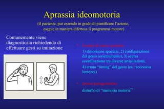 Aprassia ideomotoria
• Esempi di errore gestuale:
1) distorsione spaziale, 2) configurazione
del gesto (orientamento), 3) scarsa
coordinazione tra diverse articolazioni,
4) errato “timing” del gesto (es.: eccessiva
lentezza)
• Ipotesi patogenetiche:
disturbo di “memoria motoria”
Comunemente viene
diagnosticata richiedendo di
effettuare gesti su imitazione
(il paziente, pur essendo in grado di pianificare l’azione,
esegue in maniera difettosa il programma motore)
 