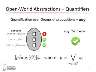 Open-World Abstractions – Quantifiers
18
Quantification over Groups of propositions – any
Letters
letter_Spyros
letter_Matt
letter_Cameron
any Letters
 