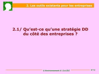 2. Les outils existants pour les entreprises




2.1/ Qu’est-ce qu’une stratégie DD
     du côté des entreprises ?




                 © Environnement   et Société    N°12
 