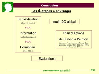 Conclusion

                  Les 4 étapes à envisager

Sensibilisation
   (Salon de l’Afeit...)
                                       Audit DD global
        et/ou

 Information                                       Plan d’Actions
  (veille stratégique...)
                                            de 6 mois à 24 mois
        et/ou                                (changer d’imprimantes, affichage Eco-
                                            gestes au bureau, Bilan CO2, Iso 14001,
 Formation                                            crèche, charte DD...)

     (Bilan CO2...)



                            Evaluations


                              © Environnement   et Société                            N°23
 