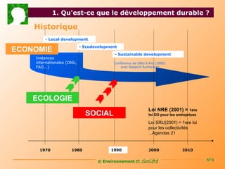 1. Qu'est-ce que le développement durable ?

    Historique
        - Local development

                            - Ecodevelopment
ECONOMIE
                                           - Sustainable development
    Instances
    internationales (ONU,                 Conférence de ONU à Rio (1992)
    FAO...)                                   avec Rapport Rumbrand




    ECOLOGIE
                                                              Loi NRE (2001) = 1ere
                              SOCIAL                          loi DD pour les entreprises

                                                              Loi SRU(2001) = 1ere loi
                                                              pour les collectivités
                                                              ...Agendas 21


     1970             1980               1990                 2000               2010

                                   © Environnement    et Société                            N°4
 