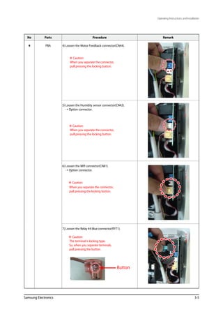 Operating Instructions and Installation
Samsung Electronics 3-5
No Parts Procedure Remark
4 PBA 4) Loosen the Motor Feedback connector(CN44).
 Caution:
When you separate the connector,
pull pressing the locking button.
5) Loosen the Humidity sensor connector(CN42).
 Option connector.
 Caution:
When you separate the connector,
pull pressing the locking button.
6) Loosen the MPI connector(CN81).
 Option connector.
 Caution:
When you separate the connector,
pull pressing the locking button.
7) Loosen the Relay #4 blue-connector(RY71).
 Caution:
The terminal is locking type.
So, when you separate terminals,
pull pressing the button.
Button
 
